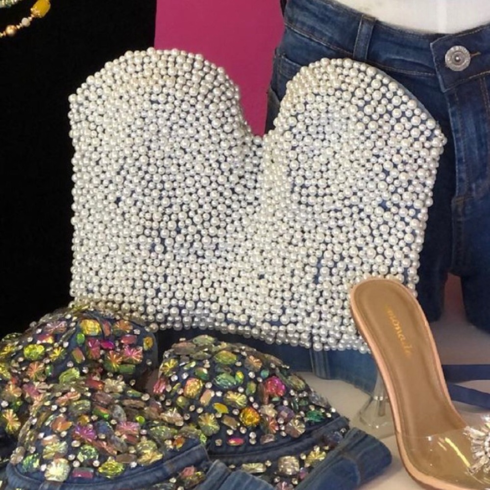 Denim Pearl Corset Top
